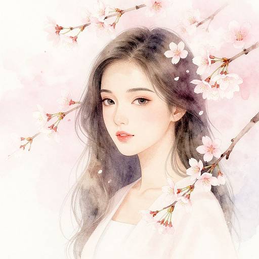 Digital watercolor portrait of an Asian woman with long, dark brown hair, surrounded by pink cherry blossoms, soft white background.