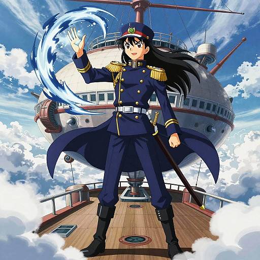 Anime-style illustration of a black-haired female sailor in a navy uniform with gold epaulettes, casting a water spell on a ship's deck against