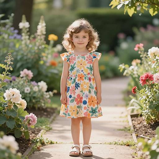 Girl in Floral Dress in Sunlit Garden