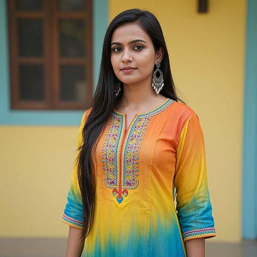 Photograph of a young Indian woman with long black hair, wearing a vibrant orange-blue gradient kurta with intricate embroidery, standing against a yellow wall with