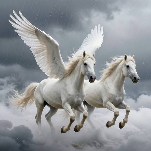 Digital art of two white winged horses galloping through a cloudy, rainy sky, with ethereal, glowing wings and flowing manes.