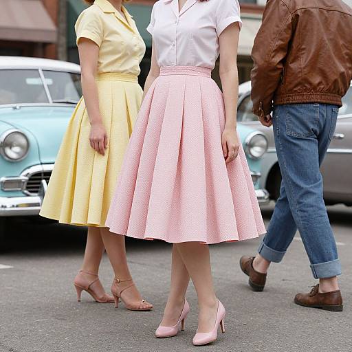 Photograph of three people: two women in vintage-style dresses (yellow, pink) with pink heels, one man in brown jacket, blue jeans,