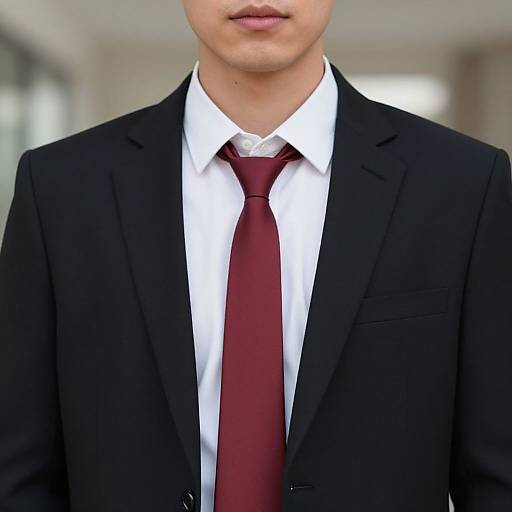 Photograph of a man from the shoulders to the lips, wearing a black suit, white shirt, and maroon tie, in a blurred office background