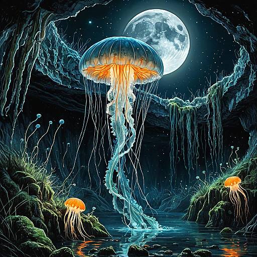 Bioluminescent Jellyfish in Moonlit Cave