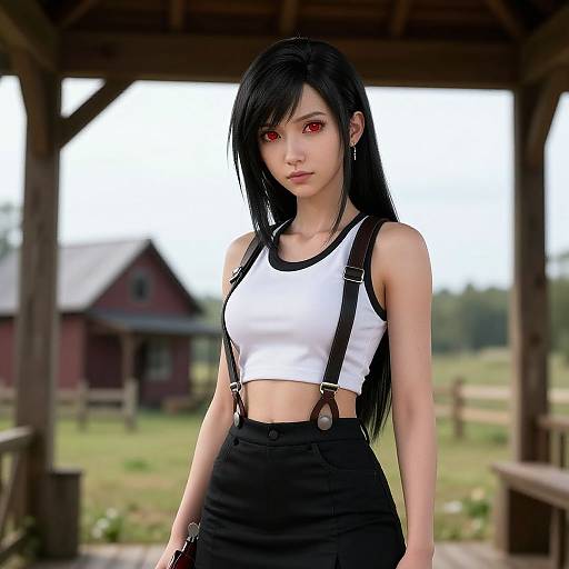Digital art of an Asian woman with long black hair, red eyes, wearing a white crop top, black suspenders, and high-waisted black