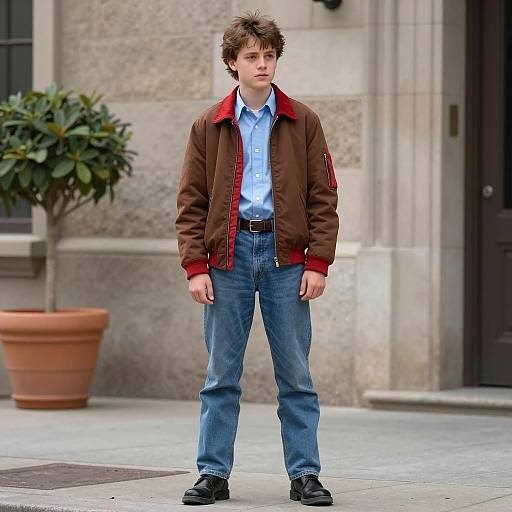 Teen boy in Marty McFly-inspired outfit