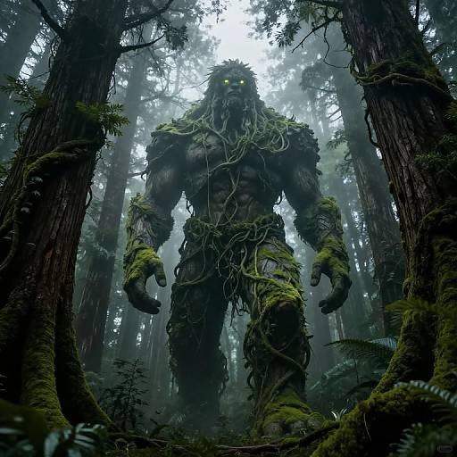 CGI fantasy forest scene: a towering, muscular, moss-covered, green-eyed, tree-like creature with vines wraps around its body stands menacingly among