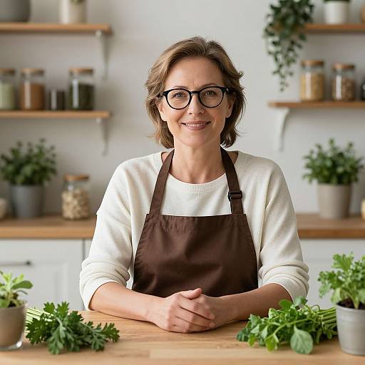 Photograph of a smiling, brown-haired woman with glasses, wearing a white sweater and brown apron, standing in a bright kitchen with shelves of jars
