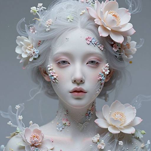 Digital painting of a pale, ethereal woman with white hair adorned with pink and white flowers, surrounded by delicate blossoms, set against a soft gray