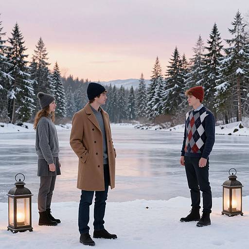 Photograph of three winter-clothed individuals standing on snow by a frozen lake, facing each other, with lanterns on either side, surrounded by