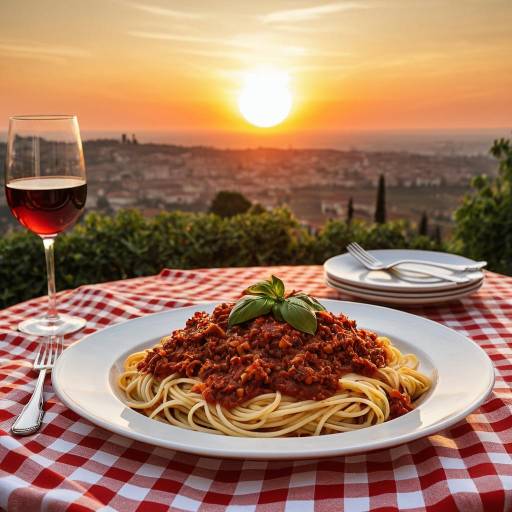 Spaghetti Bolognese with Red Wine at Sunset