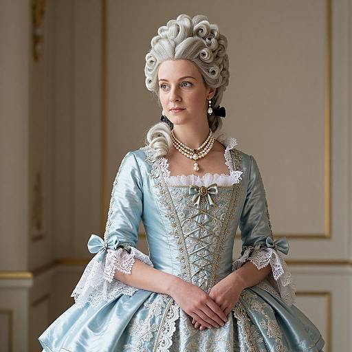 Photorealistic CGI of a pale-skinned woman in 18th-century blue satin dress with white lace, pearl necklace, and elaborate powdered hair,