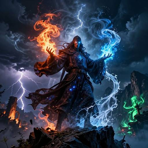 Digital fantasy artwork of a hooded figure with one hand in fiery orange, the other in electric blue, amidst lightning and ruins.