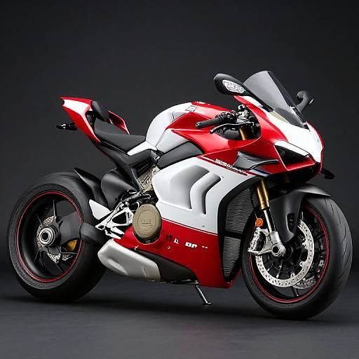 Photograph of a sleek, red and white Yamaha sport motorcycle with black accents, gold engine, and red-rimmed wheels, set against a dark