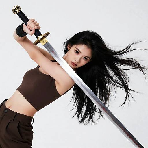 Photorealistic Black-Haired Swordswoman Lying