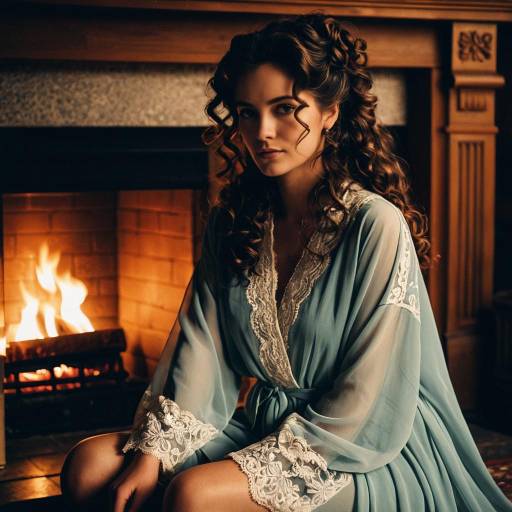 Woman in Vintage Robe by Fireplace