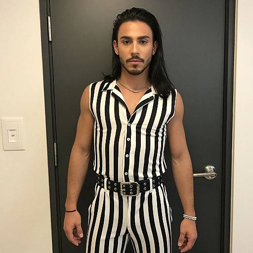 Photograph of a muscular man with long black hair, olive skin, and a goatee, wearing a black and white striped sleeveless suit with a