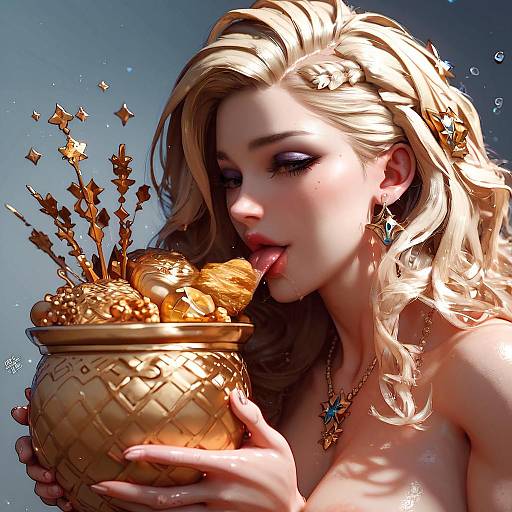Digital artwork of a blonde woman with wavy hair, golden earrings, and necklace, licking golden star-shaped treats from a patterned vase.