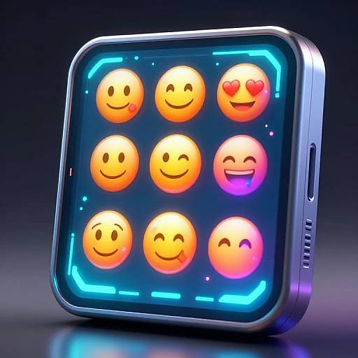 Photograph of a glowing neon square screen displaying six colorful smiley faces (three smiling, one heart-eyed, one winking, one laughing) against