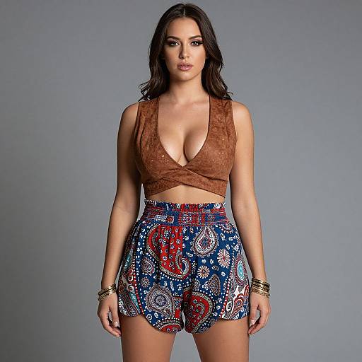 Photograph of a woman with long dark hair, brown crop top with deep V-neck, and high-waisted, colorful patterned shorts, standing