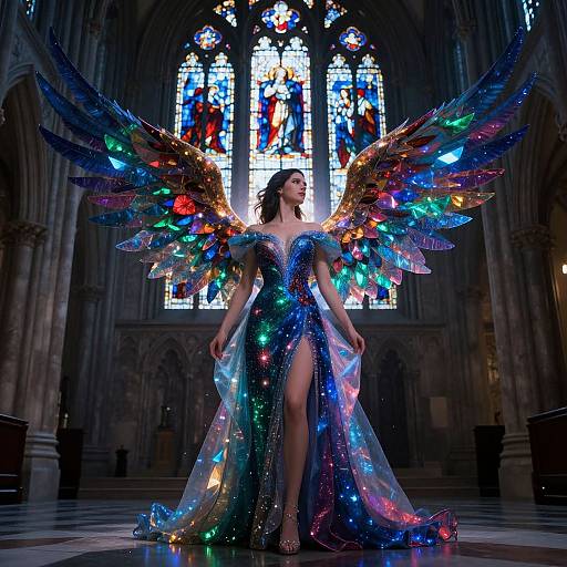 Photograph of a woman in a sparkly, rainbow-colored, winged gown with LED lights, standing in a dark Gothic cathedral with colorful stained glass