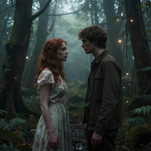 Photograph of a red-haired woman in a floral dress and a curly-haired man in a green jacket, standing in a misty, enchanted forest with