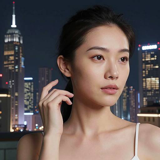 Photograph of an Asian woman with fair skin, dark hair in a ponytail, wearing a white top, against a nighttime city skyline with illuminated skys