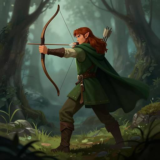 Digital art of a red-haired elf archer in a green tunic, drawing a bow in a misty forest, quiver on back.