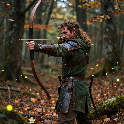 Photograph of a bearded, long-haired man in medieval archer gear, drawing a bow in a forest with autumn leaves and glowing fireflies.