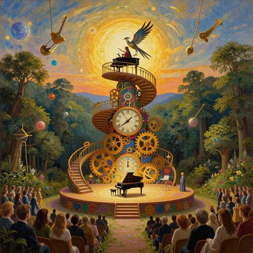 Magical outdoor concert stage with spiral clock tower, bird perched, gears, grand piano, sunset sky, forest backdrop, audience seated.
