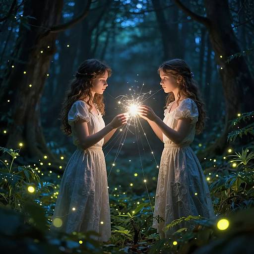Photograph of two women in white dresses, standing in a dark forest, holding a sparkler, surrounded by glowing fireflies.