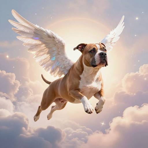 Photograph of a brown and white dog with angel wings, mid-leap, set against a radiant, cloudy sky backdrop.