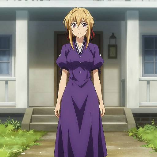 Anime-style drawing of a blonde girl with blue eyes, wearing a purple dress, standing in front of a white house with lanterns.