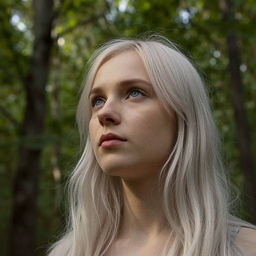 Photograph of a young woman with long, platinum blonde hair and blue eyes, looking upwards in a forest with green foliage. Her expression is thoughtful and