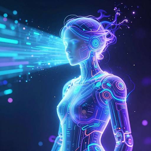 Neon-lit, futuristic CGI of a glowing, blue and purple robotic woman with wireframe details, emitting digital light from her head against a dark