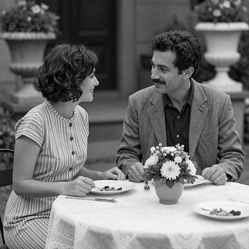 Vintage Black-and-White Outdoor Dining Portrait