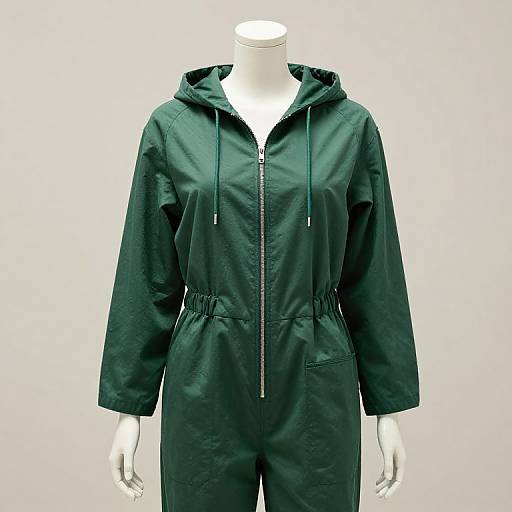 Photograph of a black hooded jumpsuit on a white mannequin, featuring a front zipper, drawstring waist, and two front pockets.