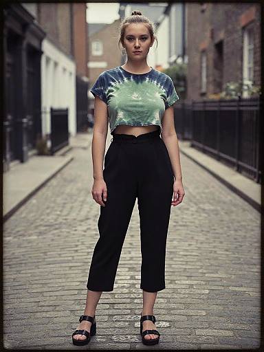 Photograph of a young woman with light skin and brown hair in a bun, wearing a tie-dye crop top, black high-waisted pants