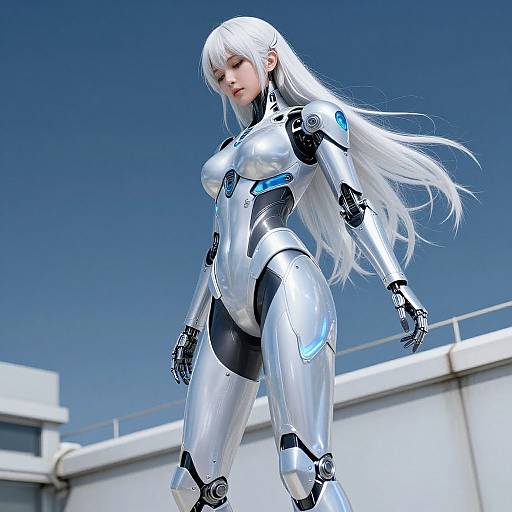CGI image of a silver, robotic, female android with long white hair, blue accents, and a sleek, futuristic bodysuit, standing outdoors