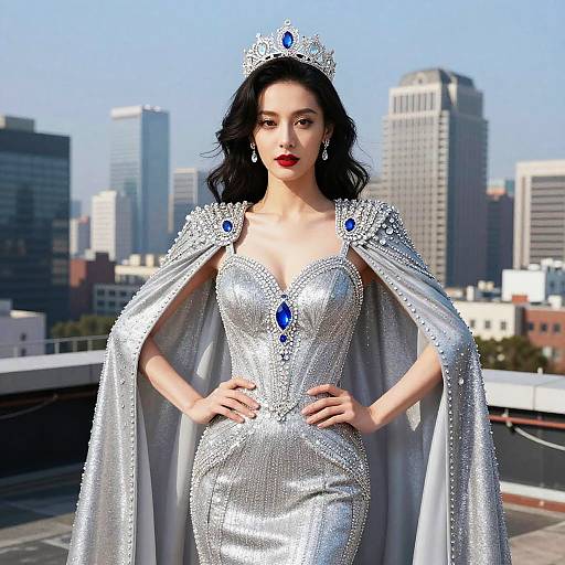 Digital art of a confident woman in a silver, sparkling tiara and gown with a matching cape, standing against a cityscape background. She has red