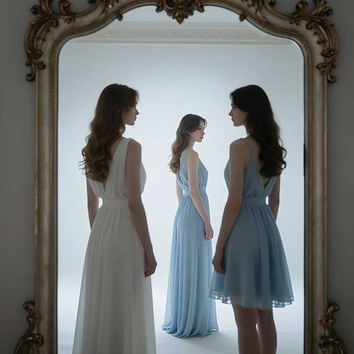 Three women in elegant dresses—white, sky blue, and light blue—stand in front of a large ornate mirror, illuminated by bright light.