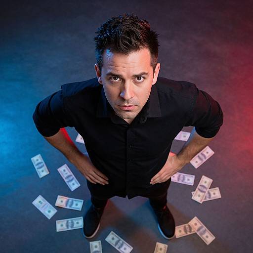 Photograph of a serious-looking man with short dark hair, wearing a black shirt and black pants, standing over scattered money on a blue and red lit
