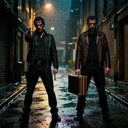Photograph of two bearded men in dark leather jackets, one holding a gun, the other a suitcase, standing in a rain-soaked, neon