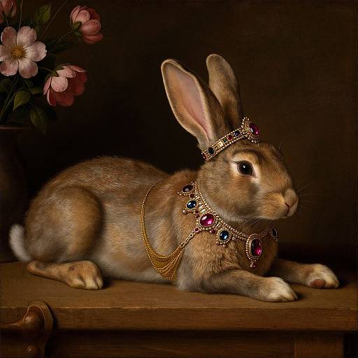 Digital artwork of a regal brown rabbit wearing a jeweled crown and necklace, lying on a wooden table against a dark background with pink flowers.
