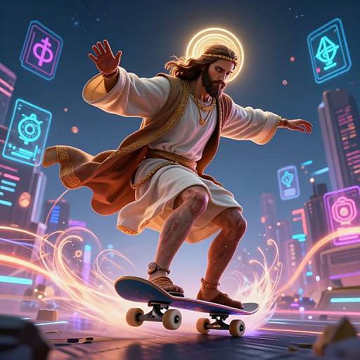 Digital art: Jesus with halo, long brown hair, beard, white robe, brown belt, skating in neon-lit futuristic city with glowing symbols.