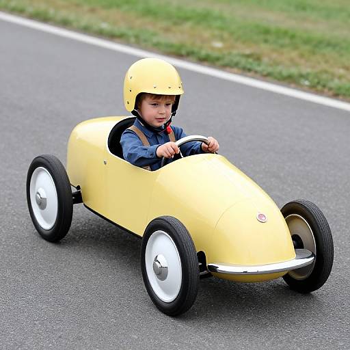 Photograph of a young boy in a yellow, minimalist, single-seat go-kart, wearing a matching yellow helmet, driving on a paved road.