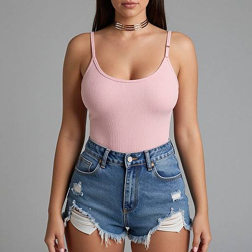 Photograph of a woman with long black hair wearing a pink ribbed tank top and high-waisted, distressed blue denim shorts against a plain gray