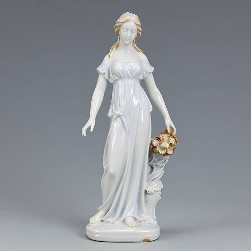 Photograph of a white ceramic statue of a classical-style woman with flowing gown, holding a bouquet of flowers, standing on a base, against a gray