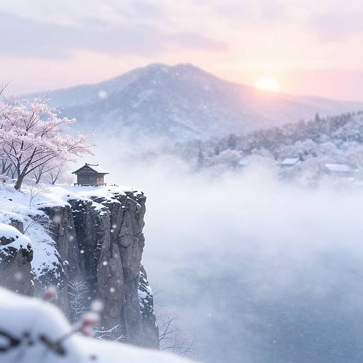 Photograph of a snow-covered cliff with a small, traditional Japanese building on top, surrounded by misty mountains and a bright sunrise.