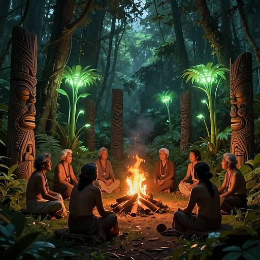 Photograph of six Indigenous people, naked with tribal jewelry, sitting around a campfire in a dense, dark forest illuminated by glowing green plants and tall